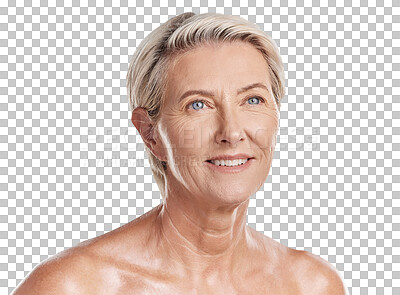 Buy stock photo Happy senior woman, skincare and thinking with smile for beauty cosmetics isolated on a transparent PNG background. Face of elderly female person with anti aging or natural skin in facial treatment
