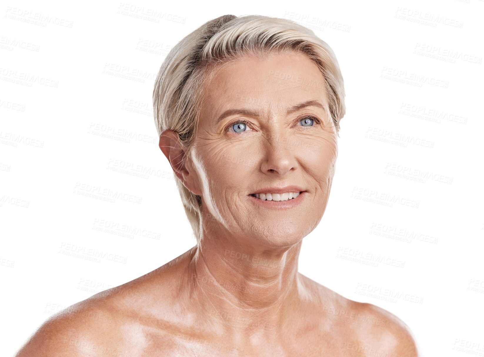 Buy stock photo Happy senior woman, skincare and thinking with smile for beauty cosmetics isolated on a transparent PNG background. Face of elderly female person with anti aging or natural skin in facial treatment