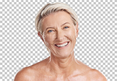 Buy stock photo Portrait, beauty and happy senior woman for cosmetics results, skincare or facial isolated on transparent png background. Face, smile and person or model for shower hygiene, dermatology or anti aging