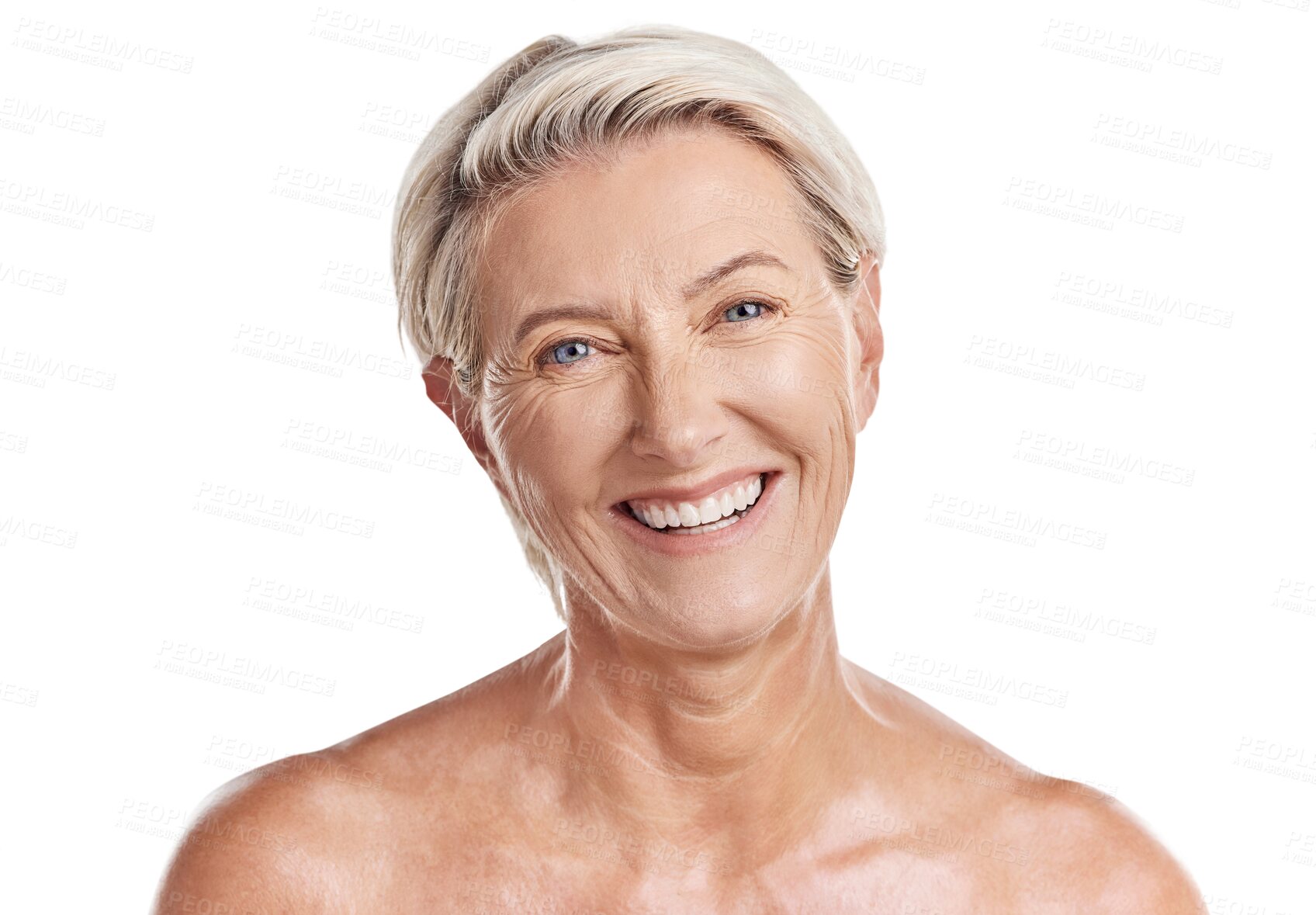 Buy stock photo Portrait, beauty and happy senior woman for cosmetics results, skincare or facial isolated on transparent png background. Face, smile and person or model for shower hygiene, dermatology or anti aging