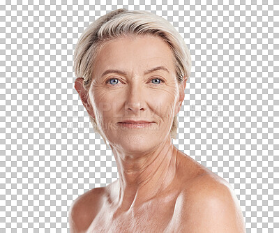 Buy stock photo Beauty, skincare and wellness with a senior woman isolated on a transparent png background. Face portrait, skin care health and natural elderly female for anti aging and confident with a glow