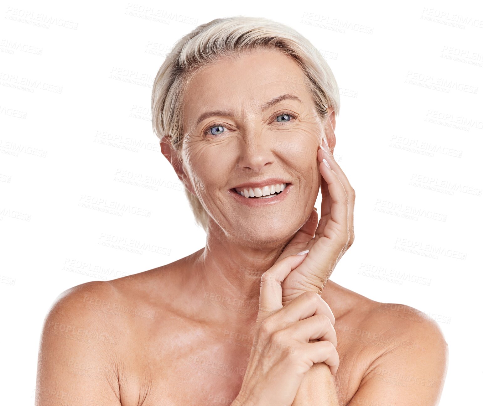 Buy stock photo Beauty, skincare and smile with portrait of old woman on transparent background for dermatology, anti aging and cosmetics. Spa, natural and makeup with person isolated on png for glow and self care