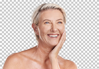 Buy stock photo Skincare, beauty and mature woman with anti aging, wrinkles or natural face routine. Cosmetic, health and senior female model with facial dermatology treatment isolated by transparent png background.