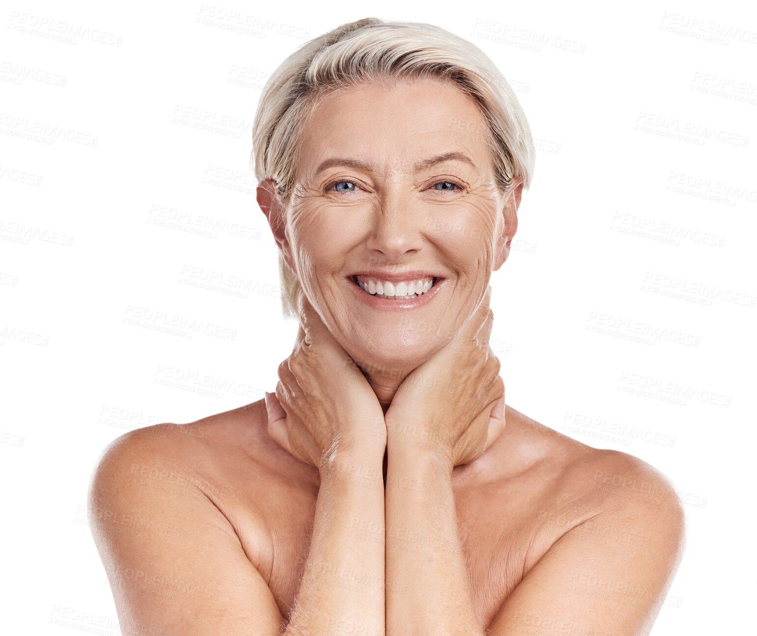 Buy stock photo Beauty, skincare and smile with portrait of old woman on transparent background for dermatology, anti aging and cosmetics. Spa, natural and makeup with person isolated on png for glow and self care