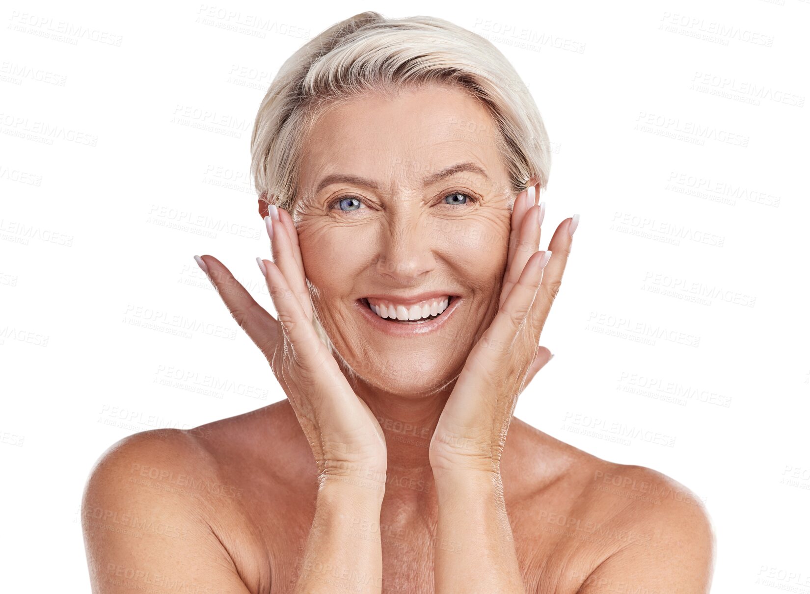 Buy stock photo Happy elderly woman, skincare and smile for beauty cosmetics isolated on a transparent PNG background. Portrait of senior or mature female person smiling for perfect skin or healthy facial treatment