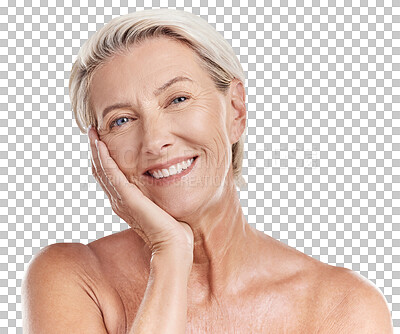 Buy stock photo Beauty, skincare and touch with portrait of old woman on transparent background for dermatology, anti aging and cosmetics. Spa, natural and makeup with person isolated on png for glow and self care