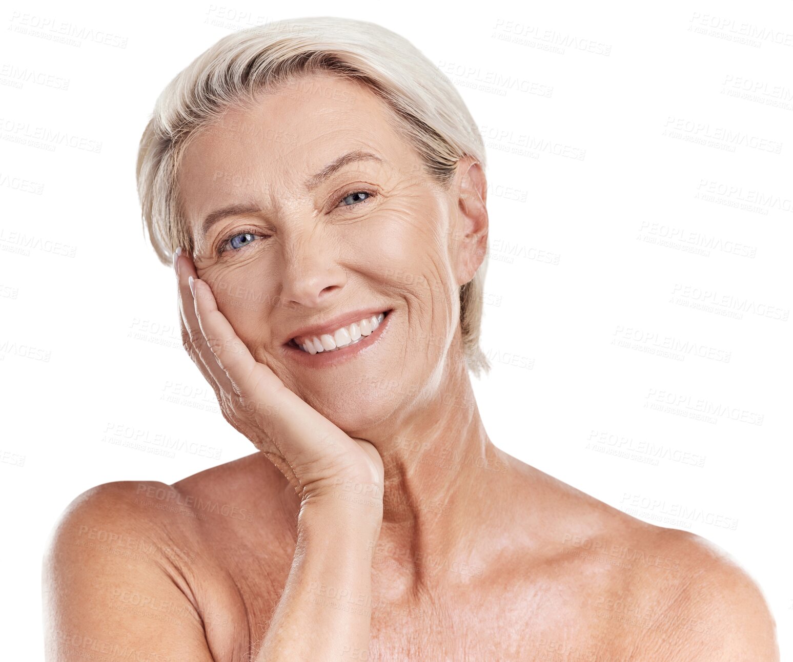 Buy stock photo Beauty, skincare and touch with portrait of old woman on transparent background for dermatology, anti aging and cosmetics. Spa, natural and makeup with person isolated on png for glow and self care