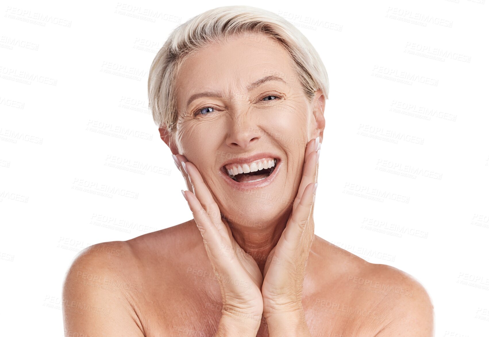 Buy stock photo Happy mature woman, skincare and smile for beauty cosmetics isolated on a transparent PNG background. Portrait of senior or elderly female person smiling for perfect skin or healthy facial treatment