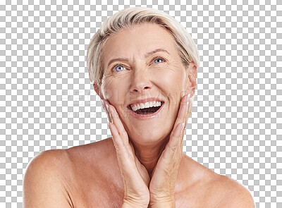 Buy stock photo Beauty, skincare and happy with old woman and thinking on transparent background for dermatology, anti aging and cosmetics. Spa, natural and makeup with person isolated on png for idea and self care