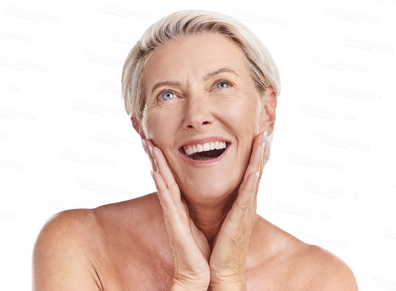 Buy stock photo Beauty, skincare and happy with old woman and thinking on transparent background for dermatology, anti aging and cosmetics. Spa, natural and makeup with person isolated on png for idea and self care