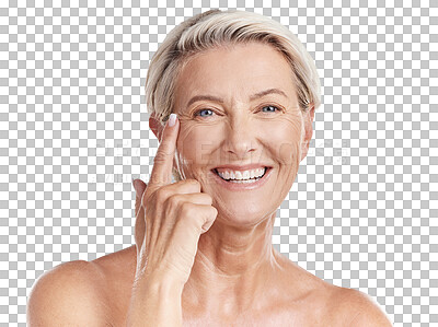 Buy stock photo Senior woman, face and hand anti aging, skincare results and elderly beauty isolated on transparent background. Portrait of happy person for dermatology, wrinkles cosmetics or lines under eyes on png