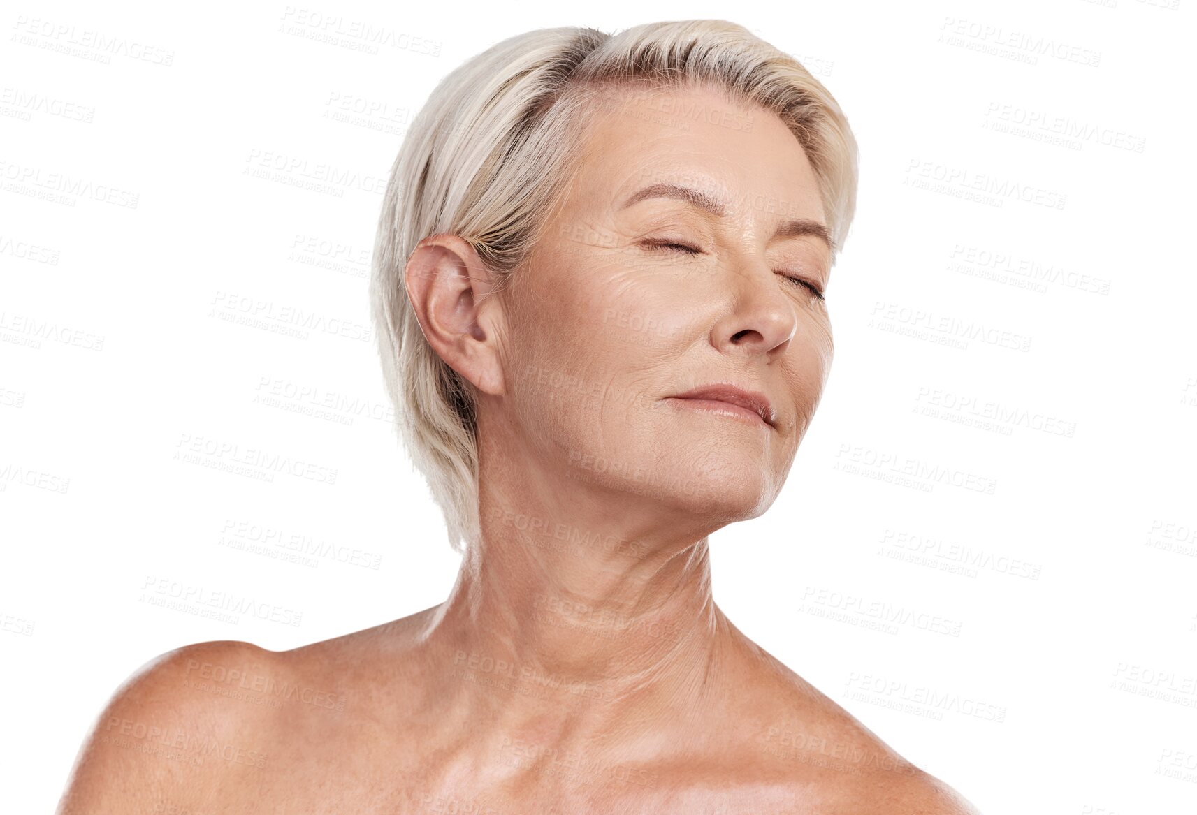 Buy stock photo Dermatology, skincare and senior woman with cosmetics, self care or lady isolated against a transparent background. Mature female person, shine or glow with png, luxury or organic facial with health