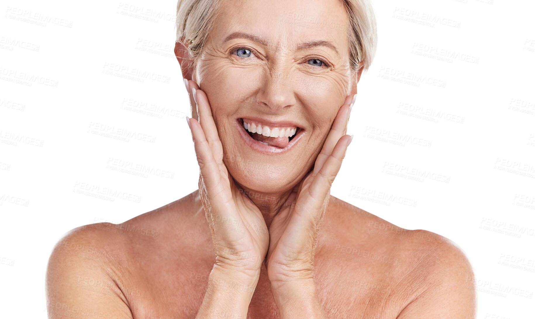 Buy stock photo Beauty, face and portrait of old woman and tongue put transparent background for dermatology, anti aging and cosmetics. Spa, natural and makeup with person isolated on png for silly and self care