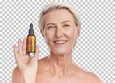 Buy stock photo Isolated senior woman, skincare serum and portrait for beauty, wellness or transparent png background. Mature lady, model and happy with cosmetics, natural skin glow or anti-aging product for health