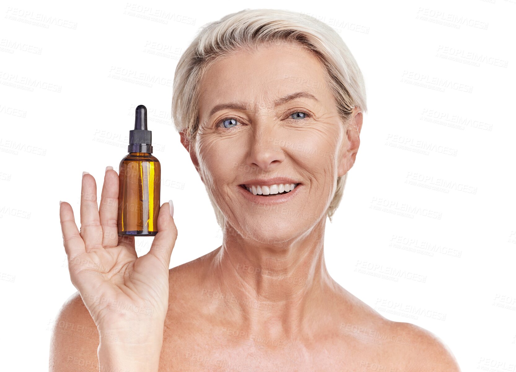 Buy stock photo Isolated senior woman, skincare serum and portrait for beauty, wellness or transparent png background. Mature lady, model and happy with cosmetics, natural skin glow or anti-aging product for health