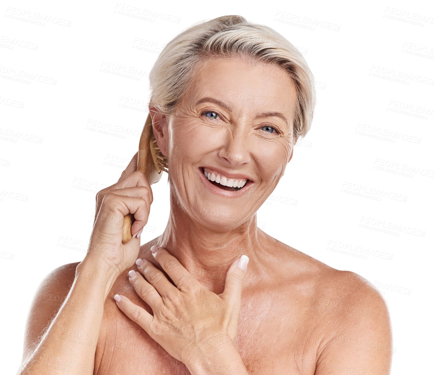 Buy stock photo Happy senior woman, hair and brush with smile isolated on a transparent PNG background. Portrait of elderly or mature female person brushing for hairstyle, grooming treatment or self care for beauty