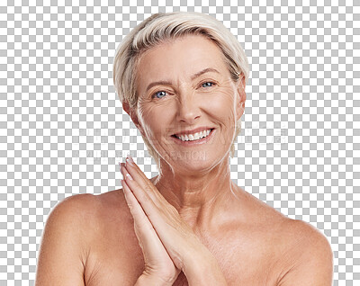 Buy stock photo Beauty, skincare and glow with portrait of old woman on transparent background for dermatology, anti aging and cosmetics. Spa, natural and makeup with person isolated on png for self care and health