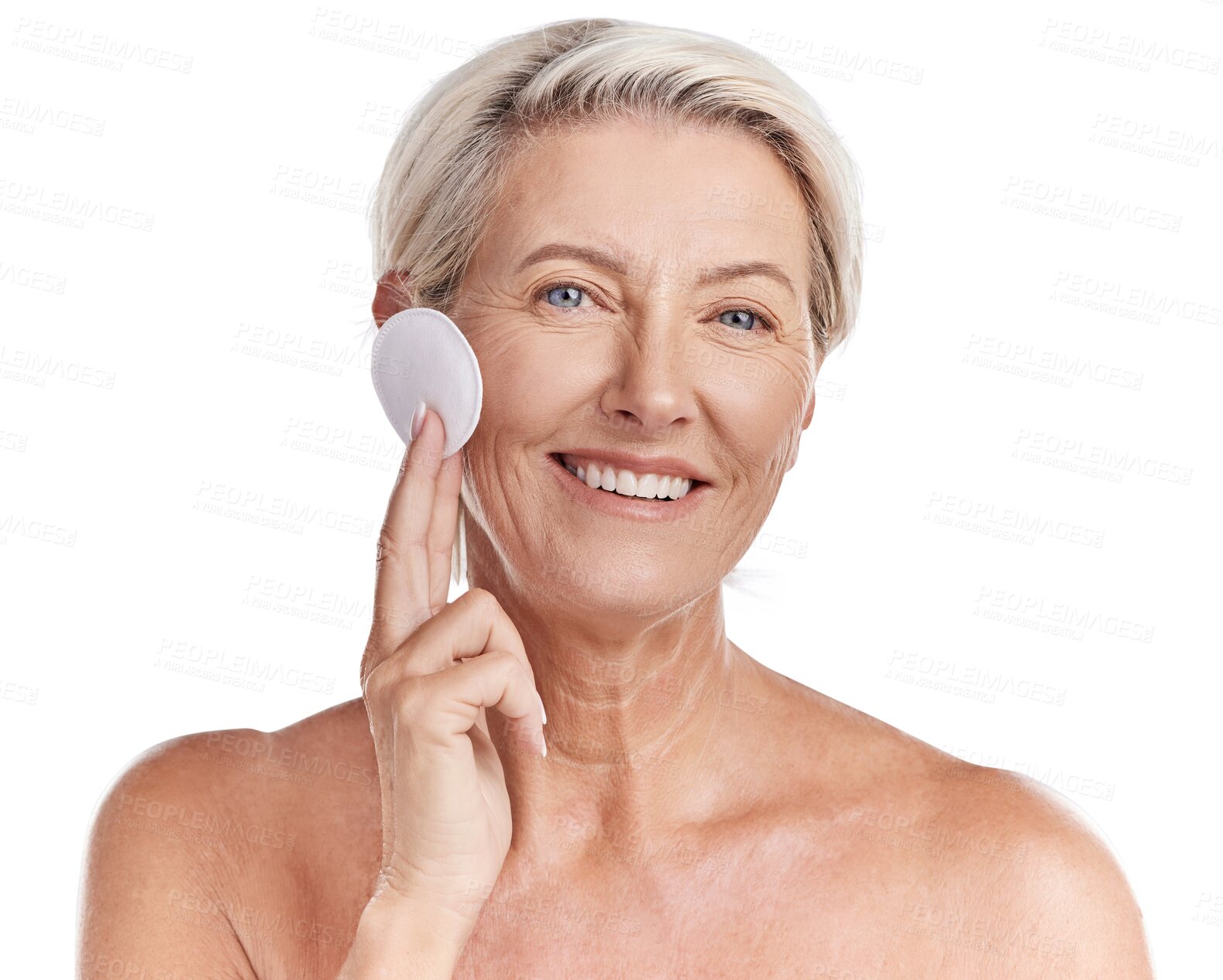 Buy stock photo Happy senior woman, portrait and cotton pad for makeup removal isolated on a transparent PNG background. Face of elderly or mature female person with smile for facial cleaning, beauty or skincare