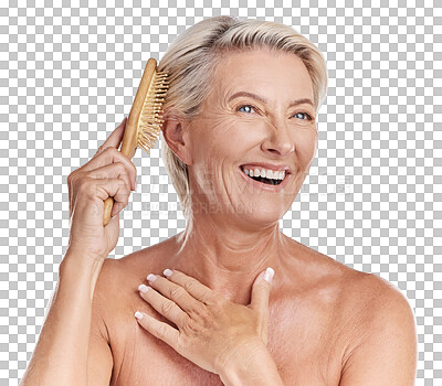 Buy stock photo Happy senior woman, brushing hair and smile for beauty while isolated on a transparent PNG background. Face of elderly female person with brush for hairstyle, grooming treatment or cosmetic self care