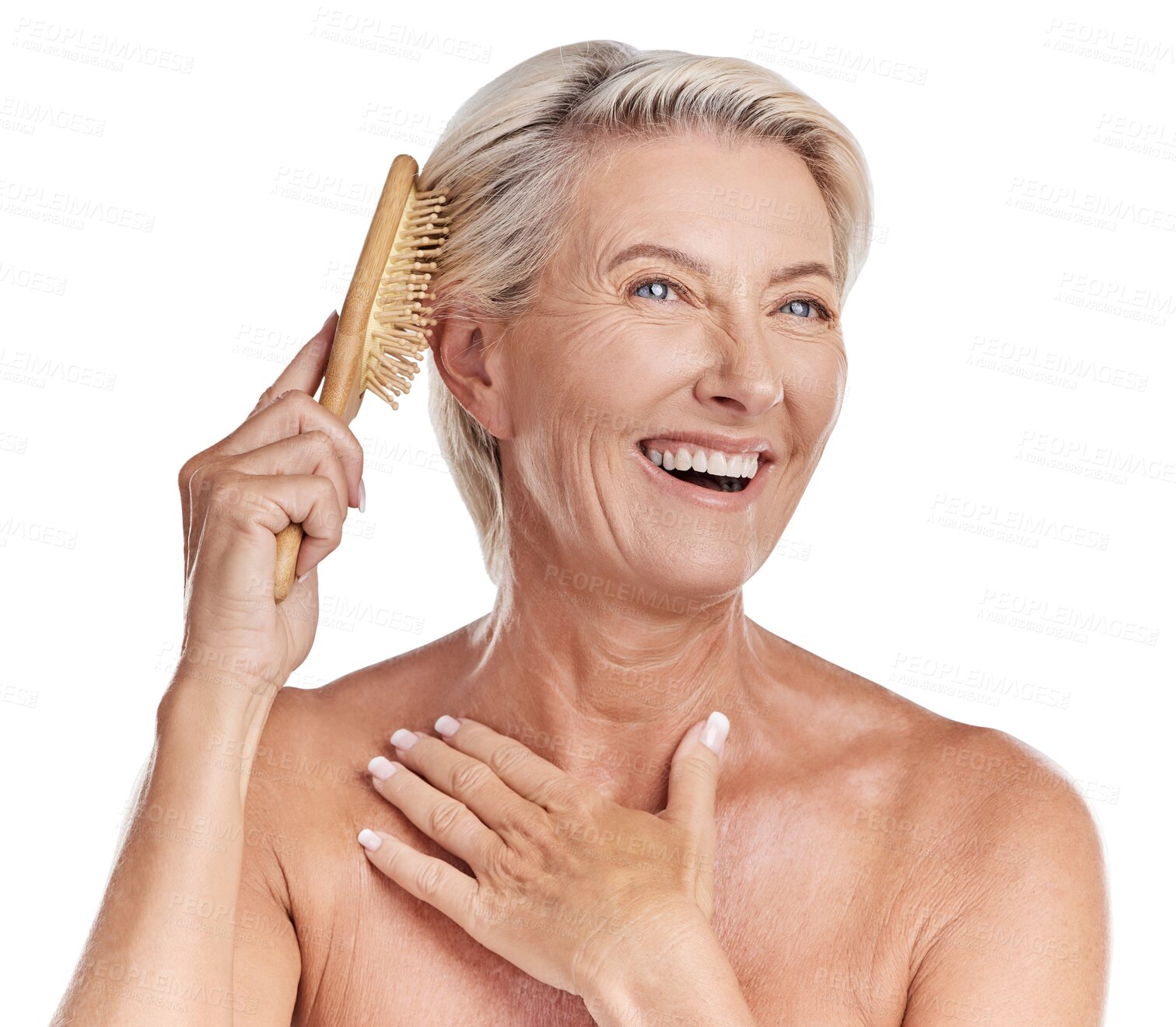 Buy stock photo Happy senior woman, brushing hair and smile for beauty while isolated on a transparent PNG background. Face of elderly female person with brush for hairstyle, grooming treatment or cosmetic self care