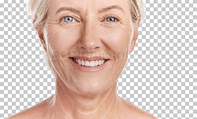 Buy stock photo Happy woman, portrait and teeth for dental, care or isolated on a transparent PNG background. Closeup face of elderly female person, facial and beauty with mouth for skincare, oral and gum healthcare