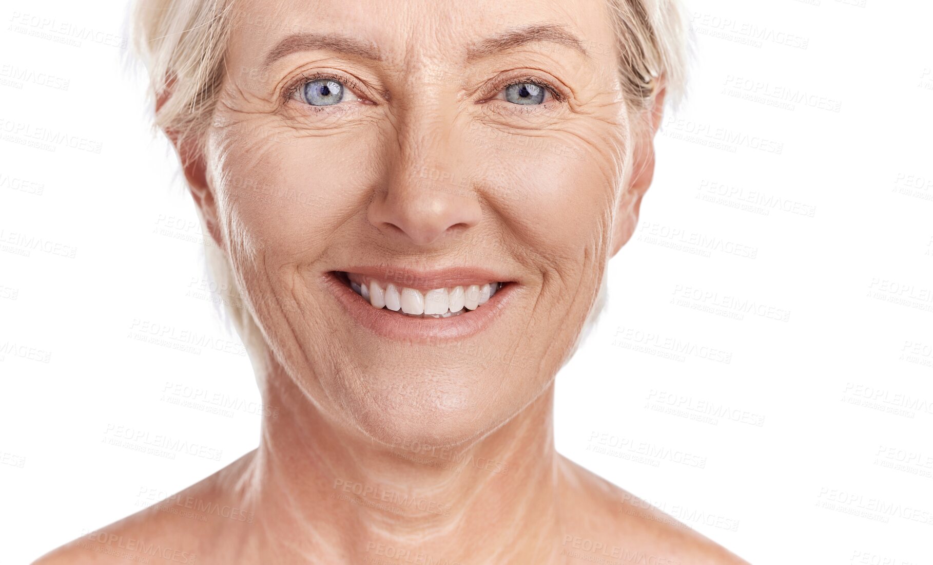 Buy stock photo Happy woman, portrait and teeth for dental, care or isolated on a transparent PNG background. Closeup face of elderly female person, facial and beauty with mouth for skincare, oral and gum healthcare