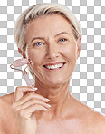 Studio Portrait of a mature woman woman using a rose quartz derma roller during a selfcare grooming routine. Happy older woman using anti ageing tool against purple copyspace background