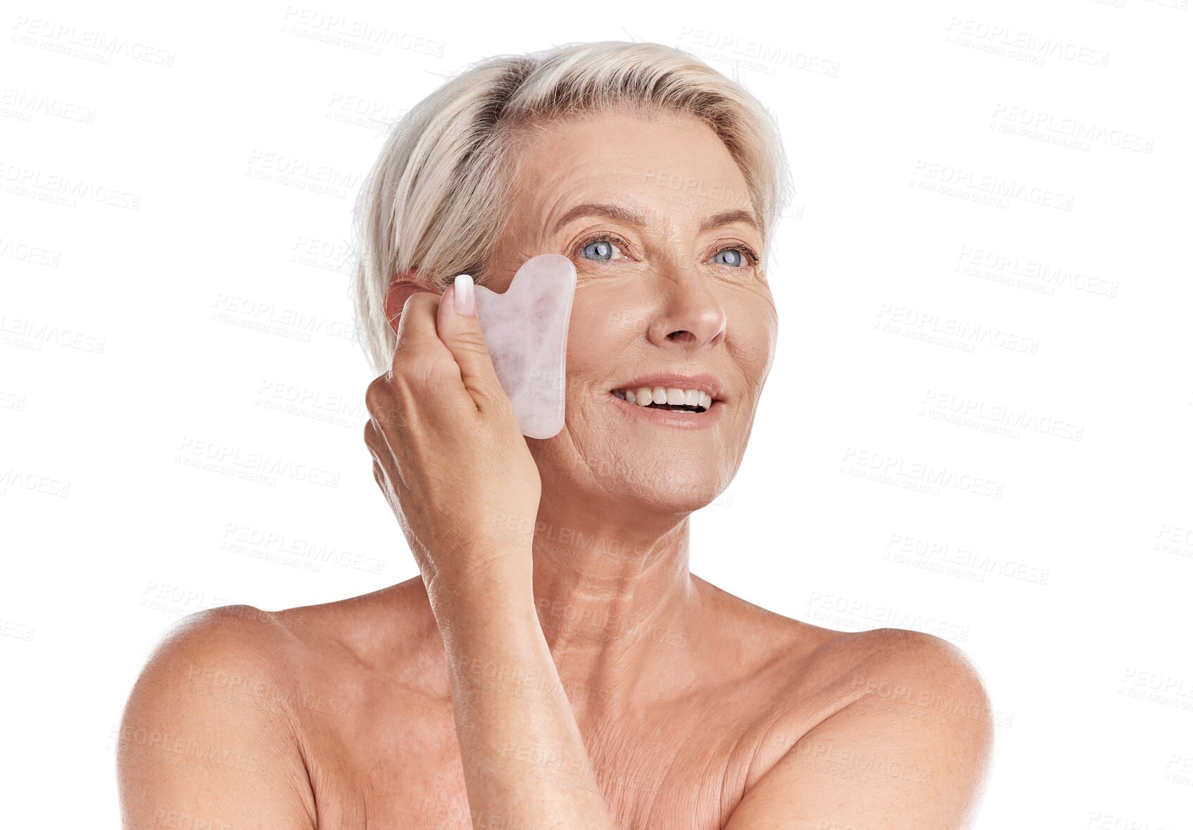 Buy stock photo Isolated senior woman, gua sha and skincare with self care, wellness and transparent png background. Mature lady, model and crystal product for anti-aging results, cosmetics and cleaning for facial