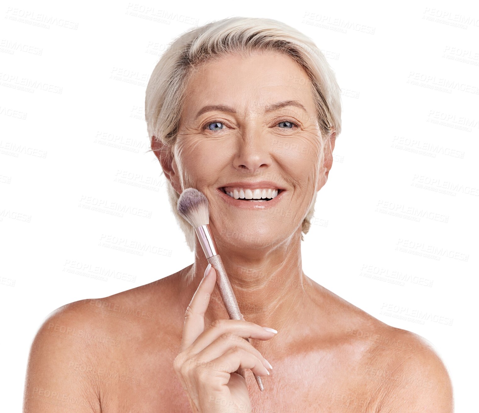 Buy stock photo Isolated senior woman, makeup brush and portrait with smile, beauty or face by transparent png background. Mature lady, model and happy with cosmetics, skincare glow or brushing product for aesthetic