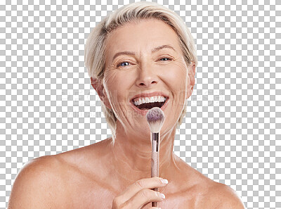 Buy stock photo Isolated senior woman, makeup and laughing with brush in portrait, beauty and facial by transparent png background. Happy mature lady, model or excited with cosmetics for skincare, glow and aesthetic