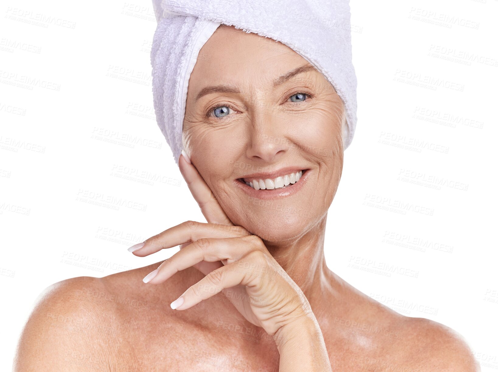 Buy stock photo Skincare, portrait of an elderly woman smile and isolated against a transparent png background for beauty cosmetics. Skin treatment, anti aging and senior female person happy for health wellness