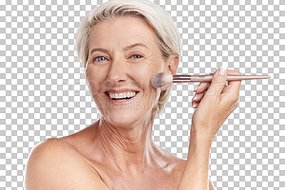 Buy stock photo Beauty, portrait and senior woman with a makeup brush for a natural and glamour facial routine. Happy, smile and elderly female model with a cosmetic product isolated by a transparent png background.