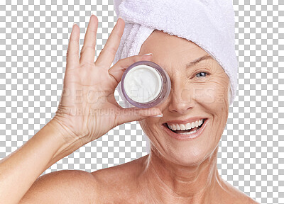 Buy stock photo Happy woman, portrait smile and face cream for skincare isolated on a transparent PNG background. Female person smiling in happiness for skin creme, lotion or cosmetic product in facial spa treatment