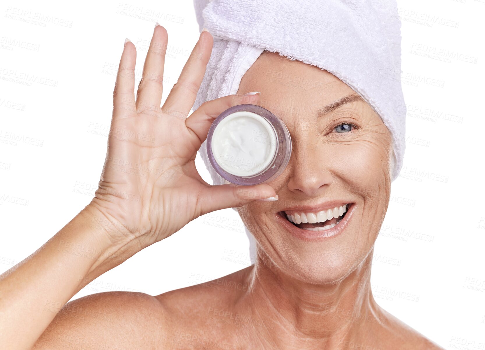 Buy stock photo Happy woman, portrait smile and face cream for skincare isolated on a transparent PNG background. Female person smiling in happiness for skin creme, lotion or cosmetic product in facial spa treatment