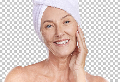 Buy stock photo Portrait, senior woman and skincare for natural beauty and towel on head with smile on transparent, isolated or png background. Skin care, face and happy female after a shower or healthy anti aging