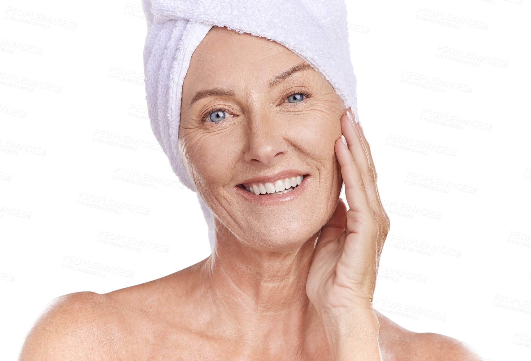 Buy stock photo Portrait, senior woman and skincare for natural beauty and towel on head with smile on transparent, isolated or png background. Skin care, face and happy female after a shower or healthy anti aging