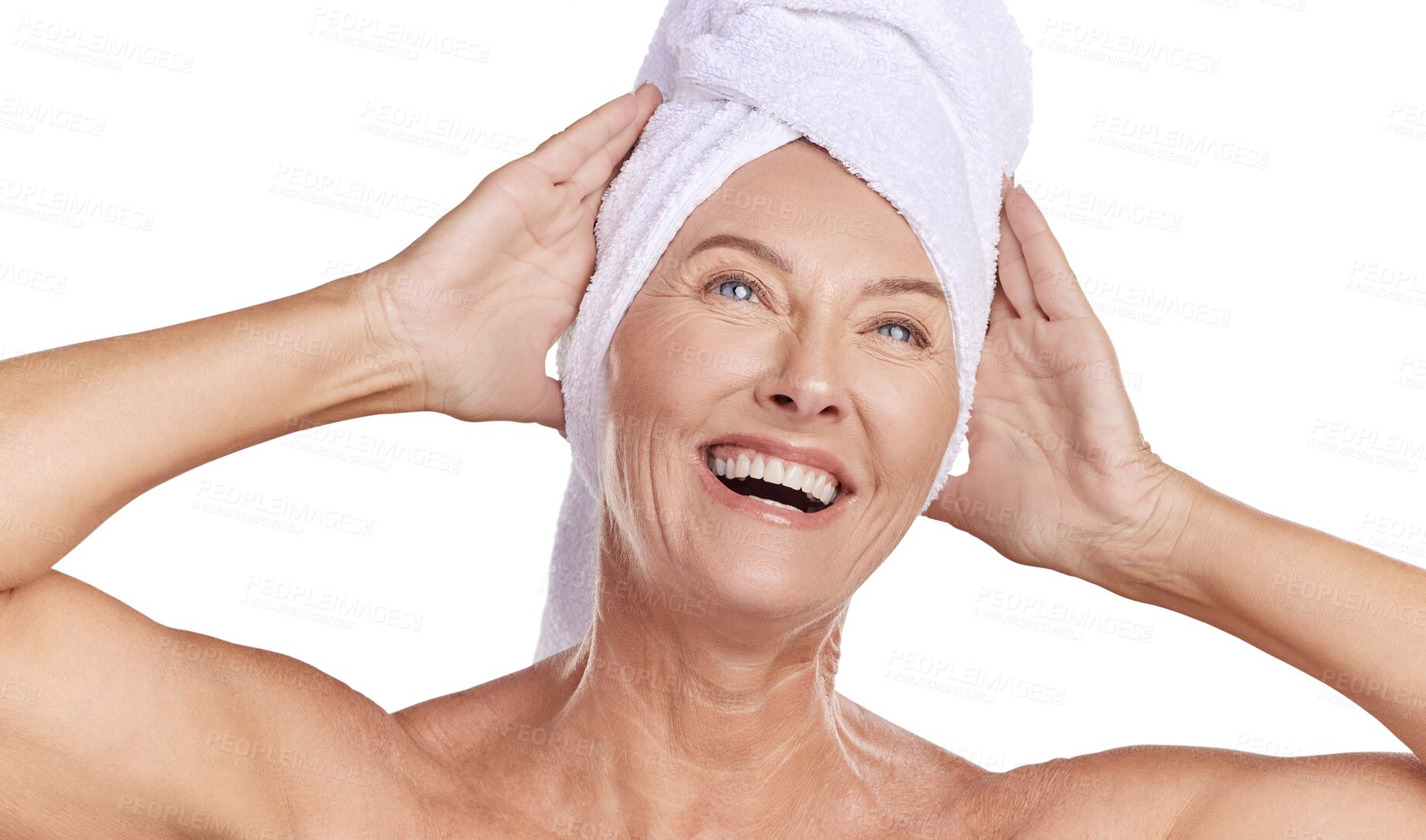 Buy stock photo Beauty, shower and face of old woman on transparent background for skincare, morning routine and spa. Happy, natural and health with person isolated on png for anti aging, cosmetics and facial 