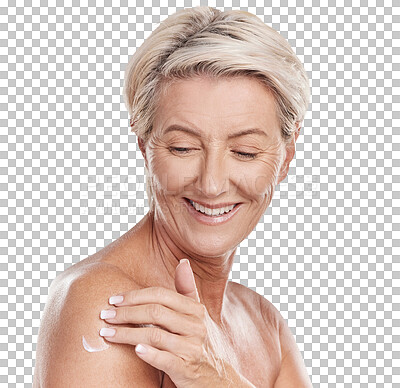Buy stock photo Senior woman, cream and body or hand apply skincare product, anti aging and beauty isolated on transparent background. Happy mature person for dermatology, cosmetics and shoulder in skin care on png