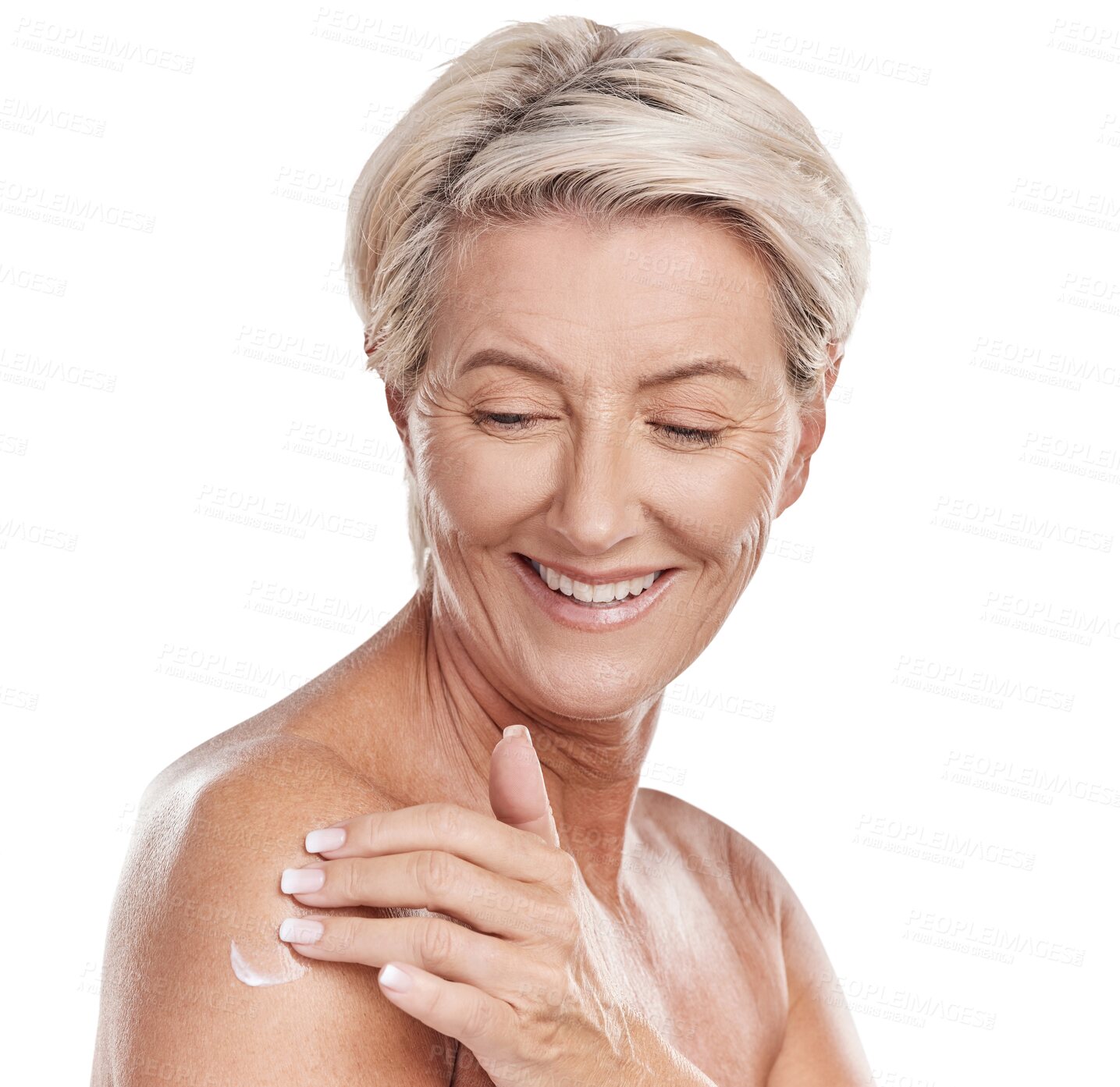 Buy stock photo Senior woman, cream and body or hand apply skincare product, anti aging and beauty isolated on transparent background. Happy mature person for dermatology, cosmetics and shoulder in skin care on png