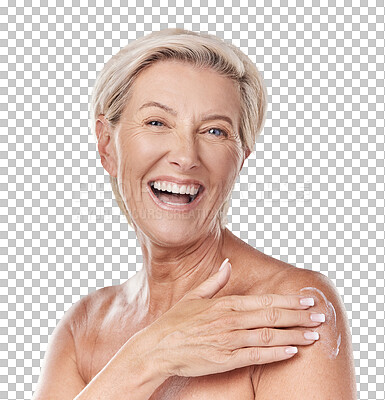 Buy stock photo Woman portrait, body and hand apply cream, skincare product and anti aging beauty. Happy face of senior person in dermatology, cosmetics or shoulder skin care isolated on transparent png background