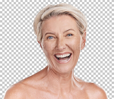 Buy stock photo Beauty, skincare and laugh with portrait of old woman on transparent background for dermatology, anti aging and cosmetics. Spa, natural and makeup with person isolated on png for glow and self care
