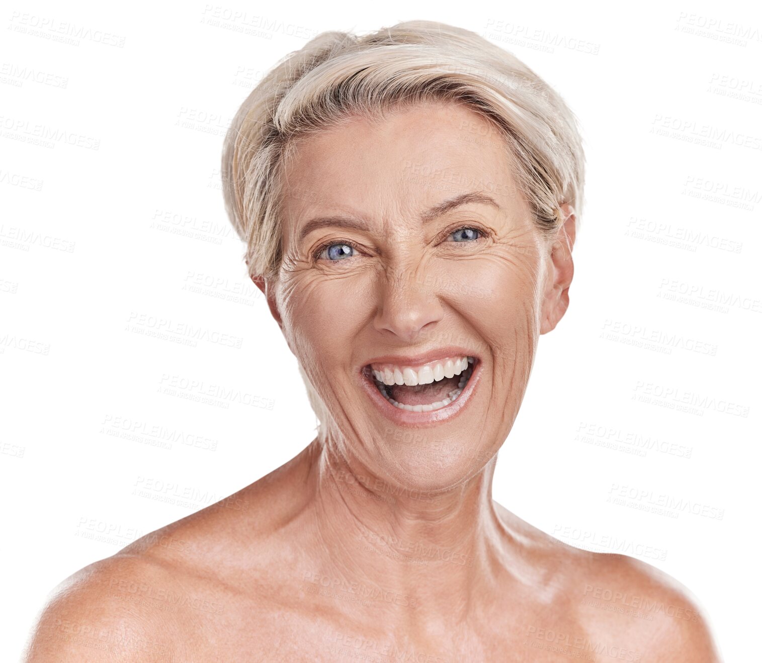 Buy stock photo Beauty, skincare and laugh with portrait of old woman on transparent background for dermatology, anti aging and cosmetics. Spa, natural and makeup with person isolated on png for glow and self care