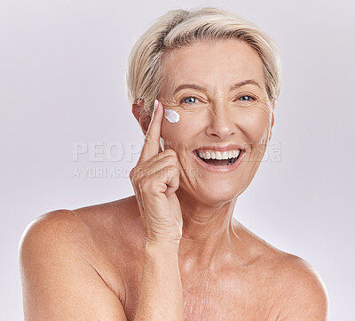 Buy stock photo Happy woman, portrait smile and face cream for beauty skincare or cosmetics against a grey studio background. Female person smile in happiness for skin creme or lotion product in facial spa treatment