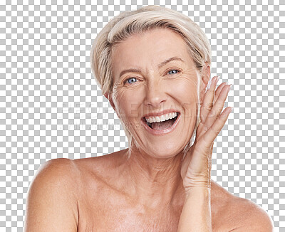 Buy stock photo Beauty, skincare and smile with portrait of old woman on transparent background for dermatology, anti aging and cosmetics. Health, spa and makeup with person isolated on png for glow and self care