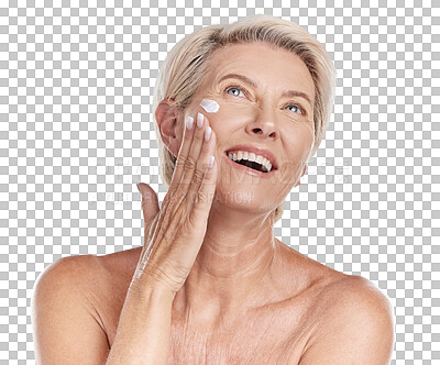 Buy stock photo Beauty, cream and face of old woman on transparent background for ant aging, cosmetics or sunscreen. Facial, spa and product with person isolated on png for lotion, skincare and dermatology treatment