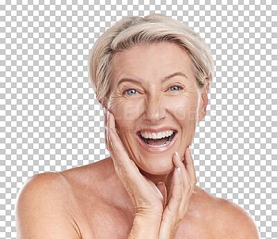 Buy stock photo Beauty, skincare and funny with portrait of old woman on transparent background for dermatology, anti aging and cosmetics. Spa, natural and makeup with person isolated on png for glow and self care