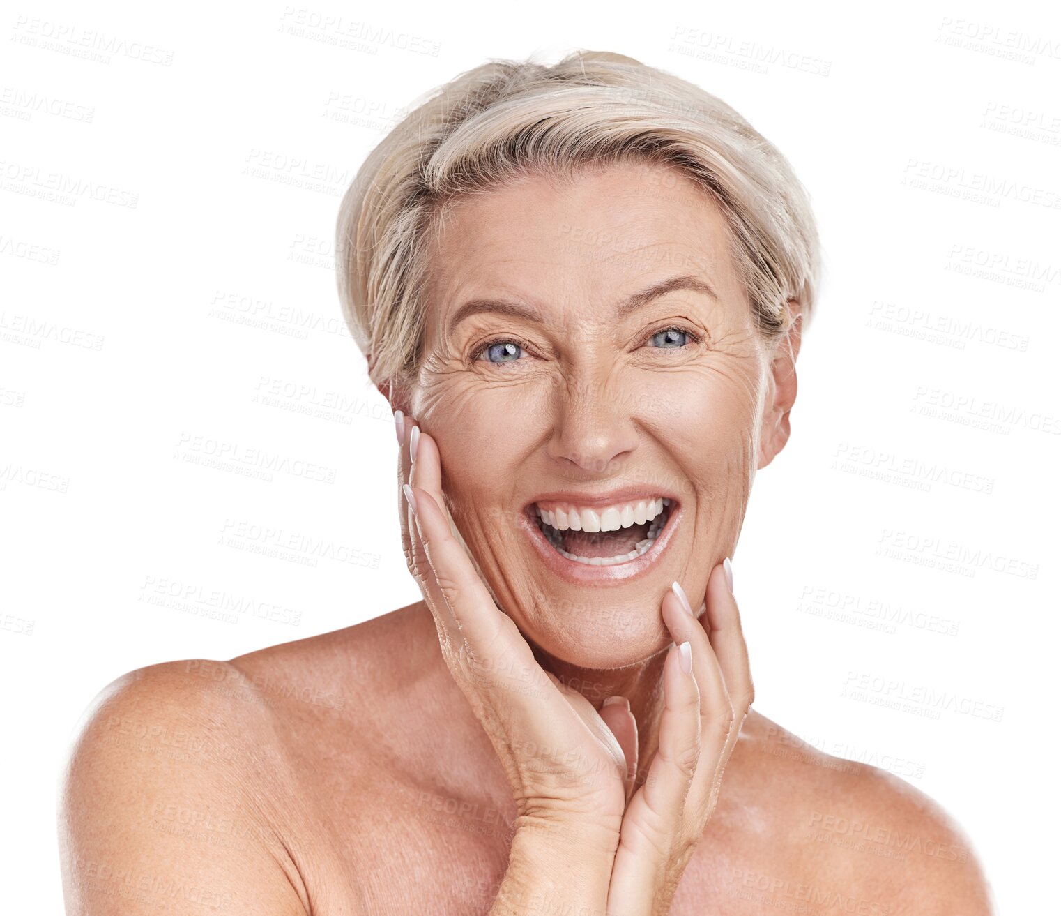 Buy stock photo Beauty, skincare and funny with portrait of old woman on transparent background for dermatology, anti aging and cosmetics. Spa, natural and makeup with person isolated on png for glow and self care
