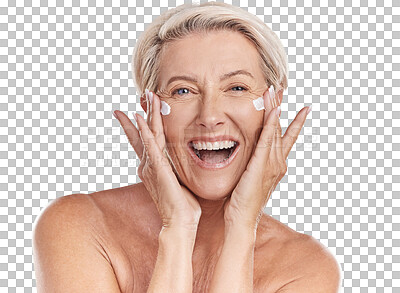 Buy stock photo Beauty, cream and skincare with portrait of old woman on transparent background for ant aging, cosmetics or sunscreen. Facial, spa and product with person isolated on png for lotion, face and makeup
