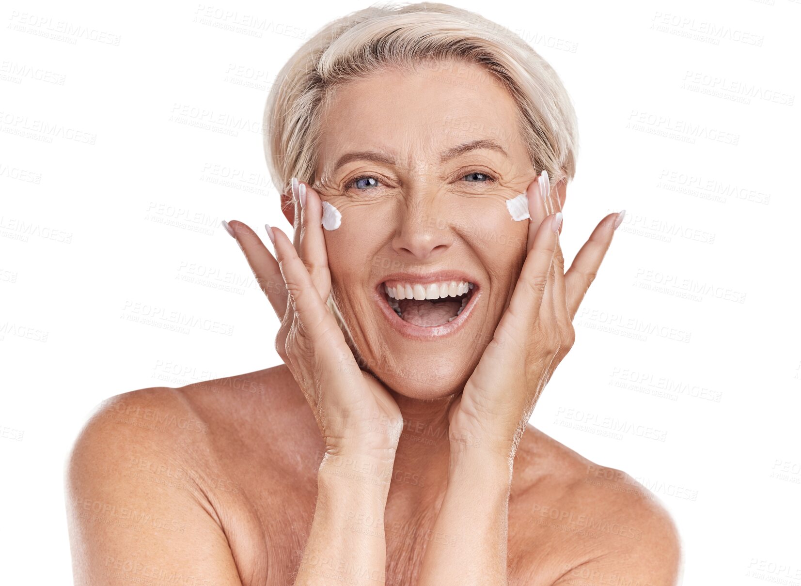 Buy stock photo Beauty, cream and skincare with portrait of old woman on transparent background for ant aging, cosmetics or sunscreen. Facial, spa and product with person isolated on png for lotion, face and makeup