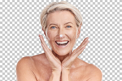Buy stock photo Happy, cream and skincare with portrait of old woman on transparent background for ant aging, cosmetics or sunscreen. Facial, spa and product with person isolated on png for lotion, beauty and face